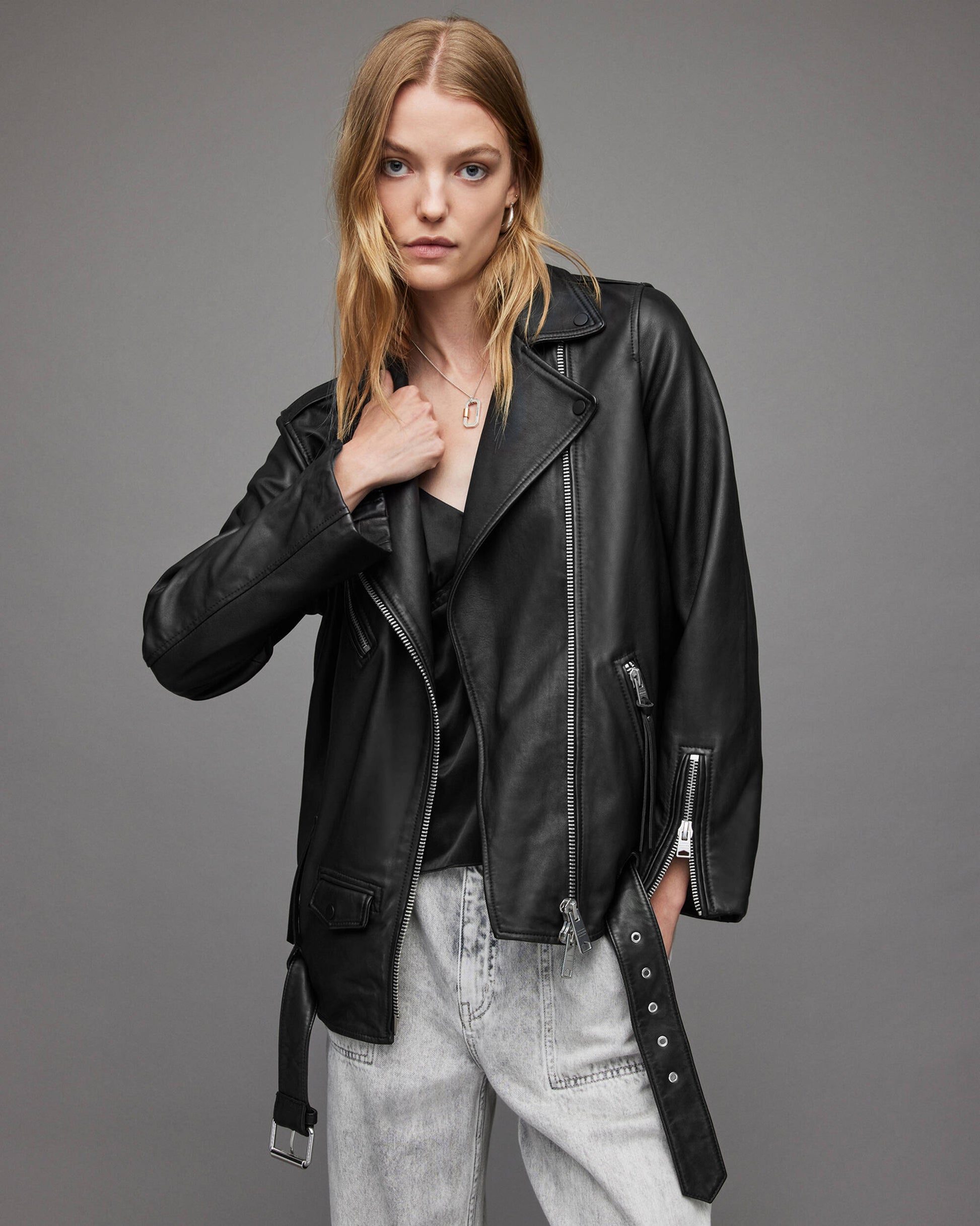 Women's Black Leather Biker Jacket With Belt