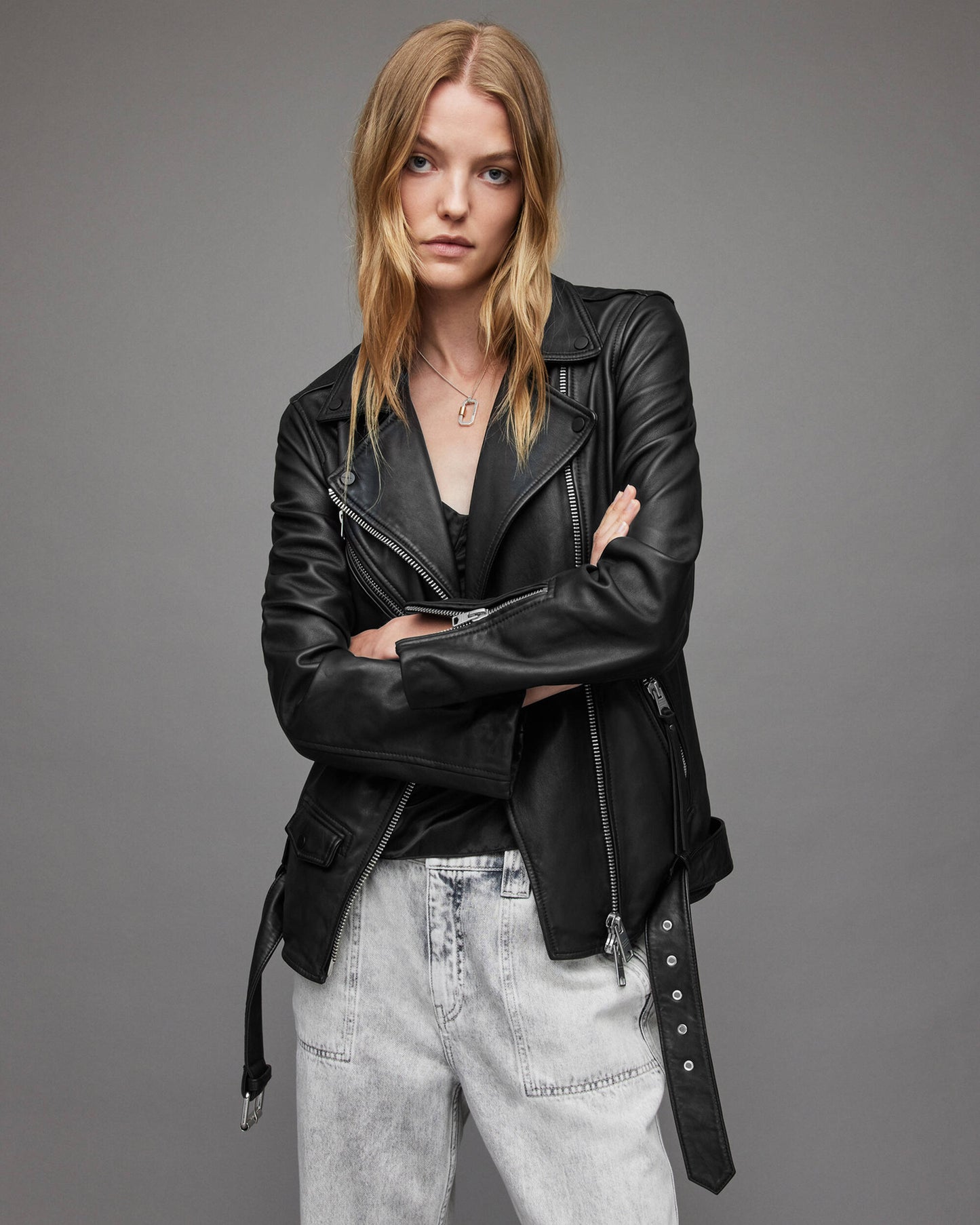 Women's Black Leather Biker Jacket With Belt