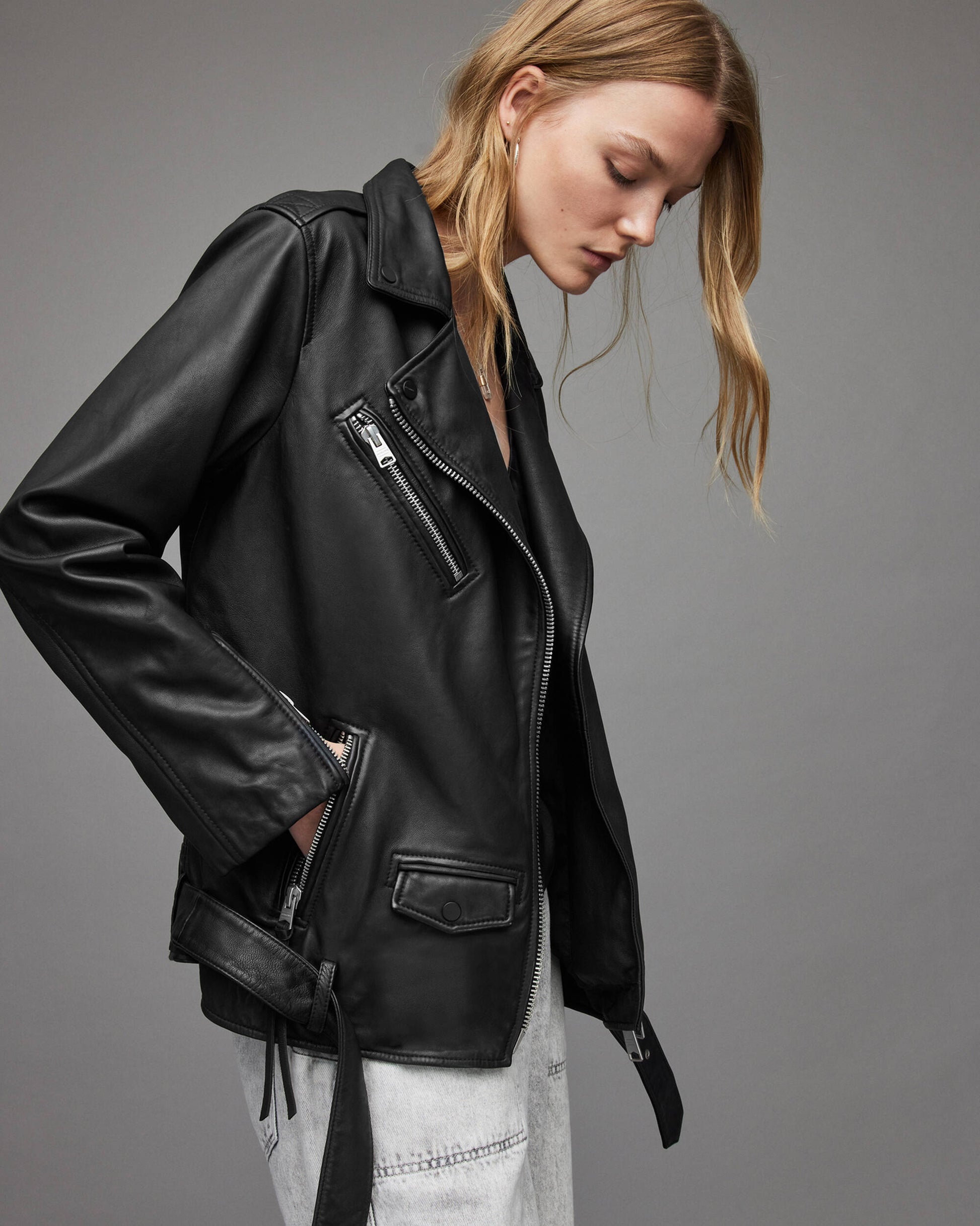 Women's Black Leather Biker Jacket With Belt