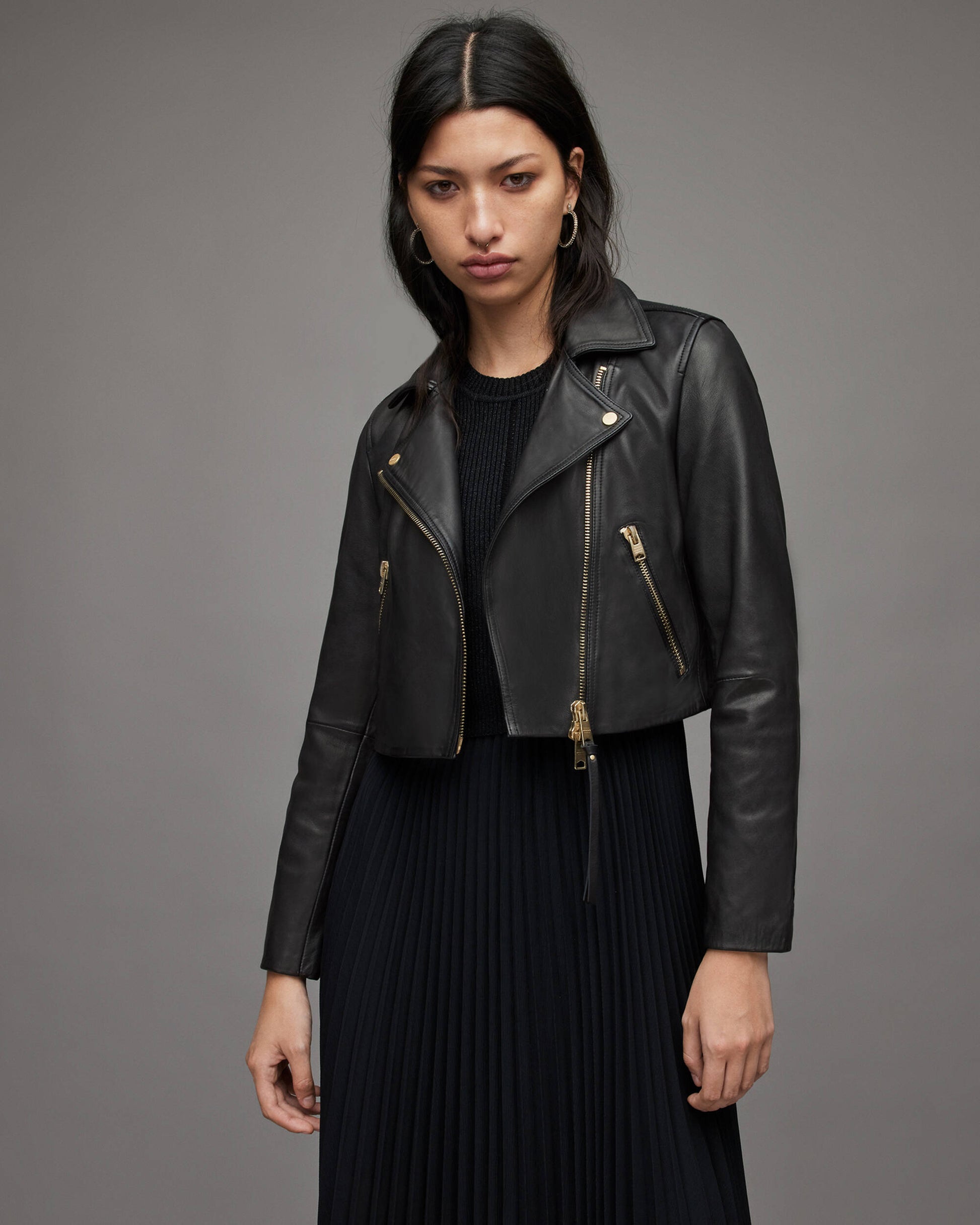 Women's Cropped Leather Biker Jacket With Gold Tone Zippers