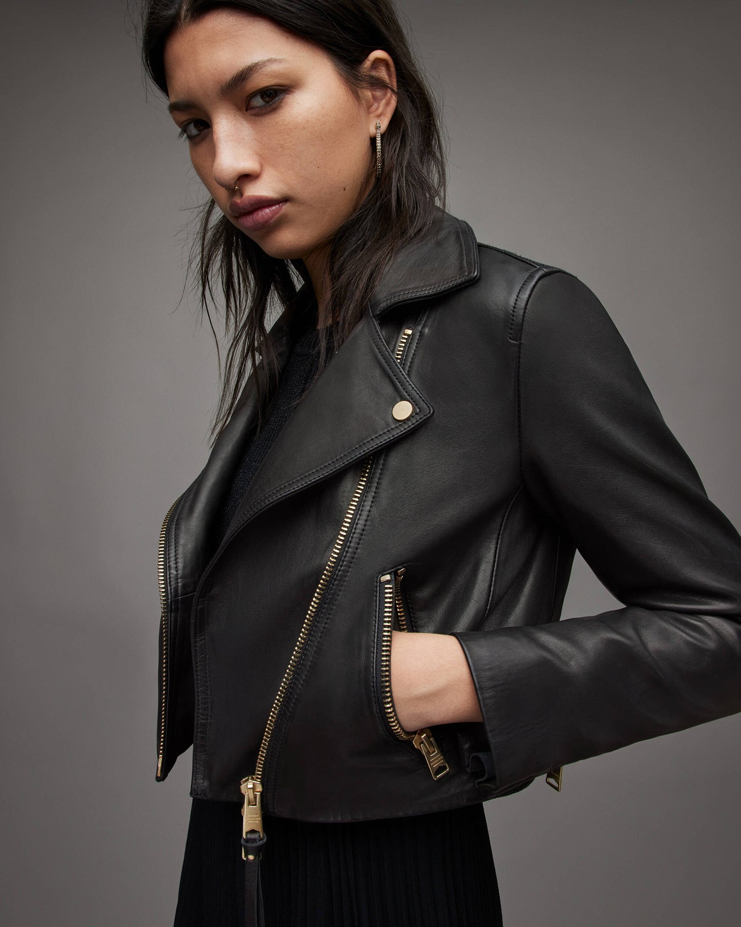 Women's Cropped Leather Biker Jacket With Gold Tone Zippers