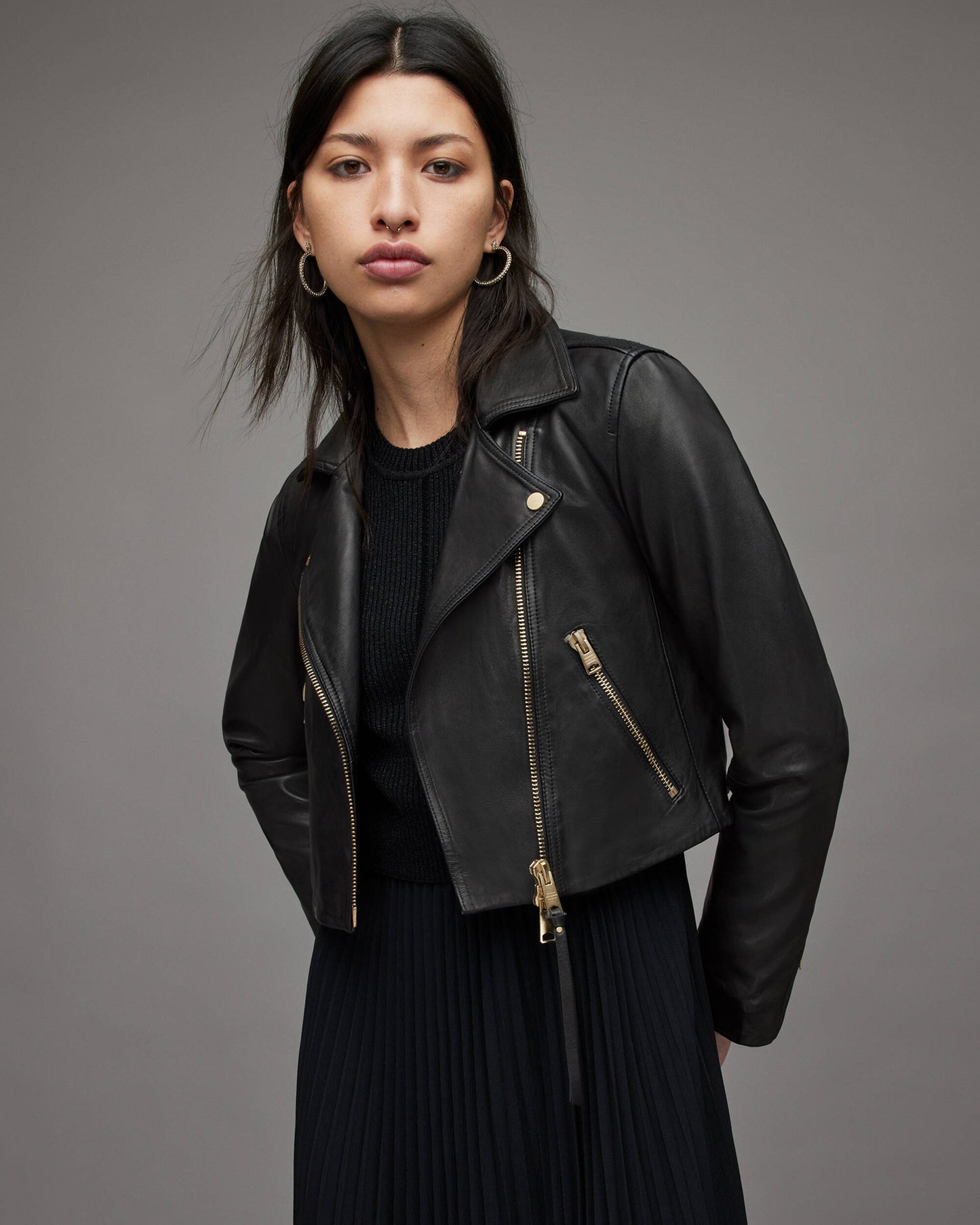 Women's Cropped Leather Biker Jacket With Gold Tone Zippers