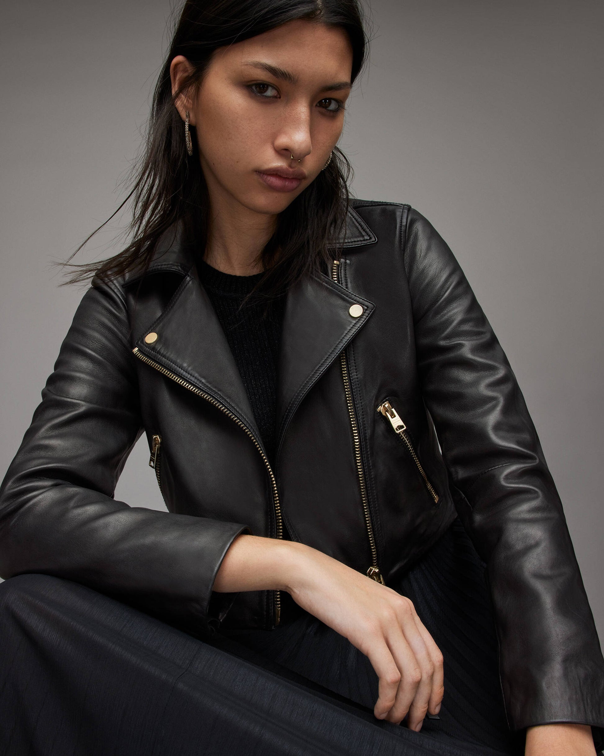 Women's Cropped Leather Biker Jacket With Gold Tone Zippers