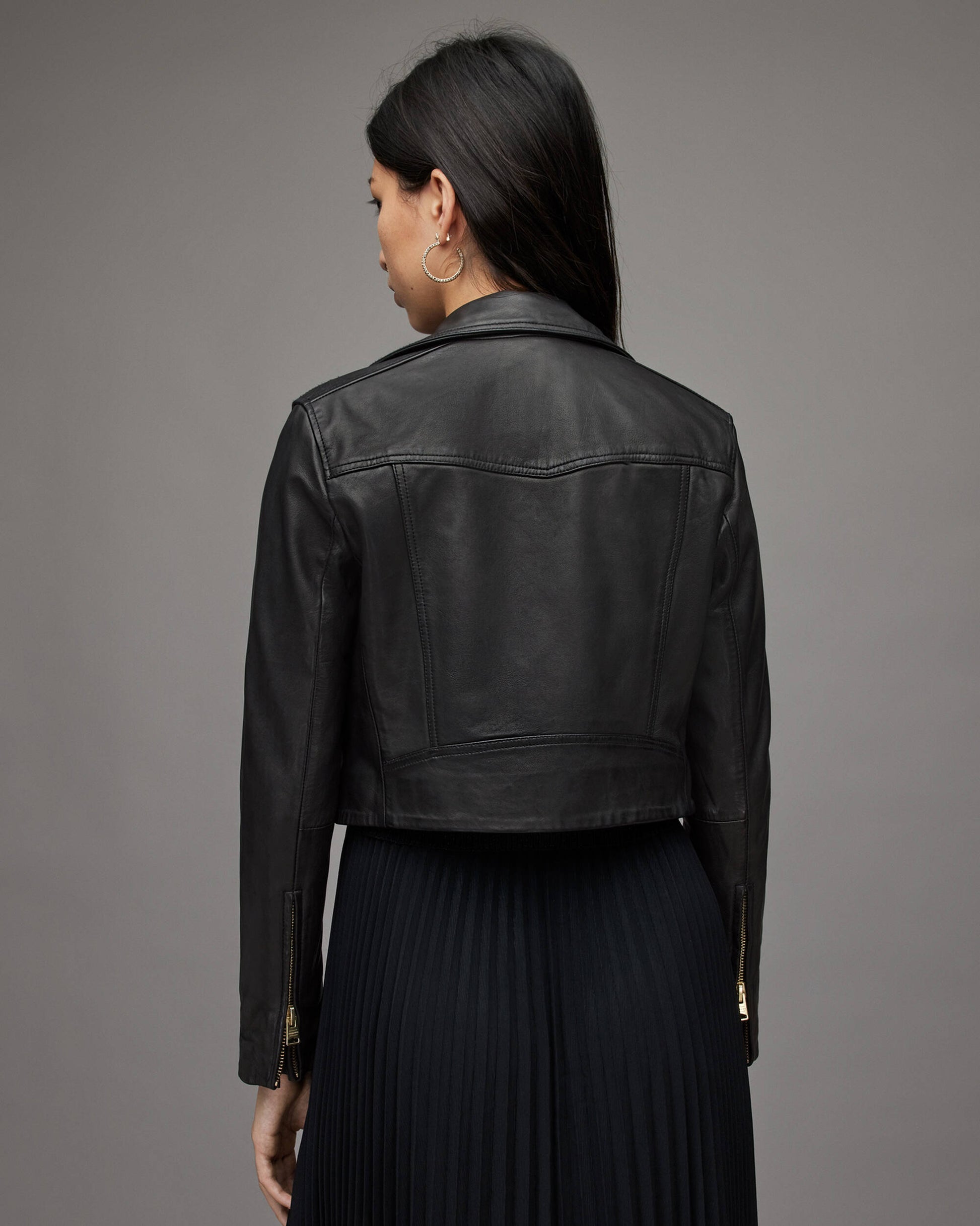 Women's Cropped Leather Biker Jacket With Gold Tone Zippers