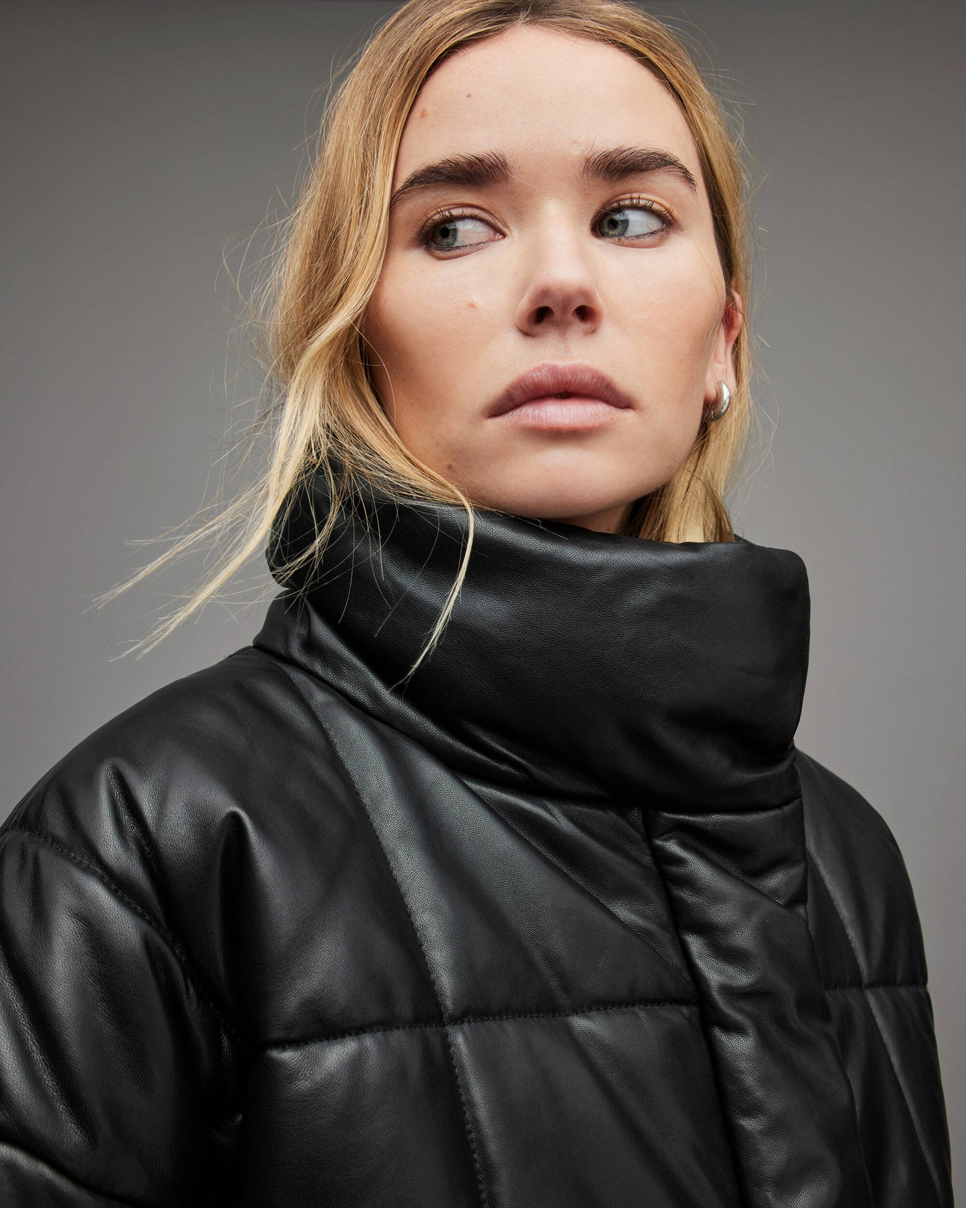 Women's Black Puffer Leather Jacket With Turtle Neck