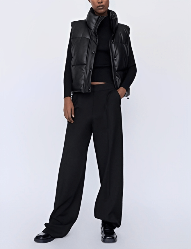 Women's Black Puffer Leather Vest