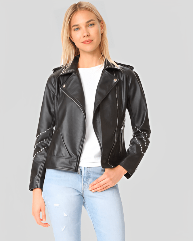 Women's Black Studded Leather Biker Jacket