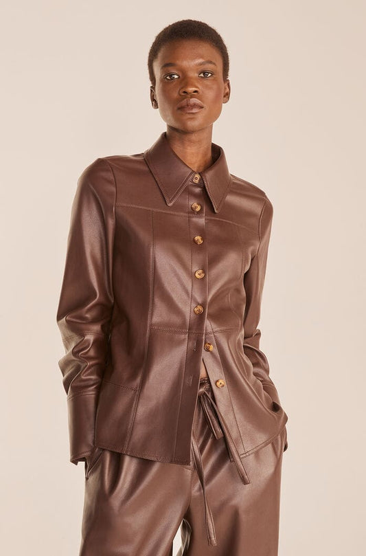 Women's Chocolate Brown Leather Shirt With Gold Buttons