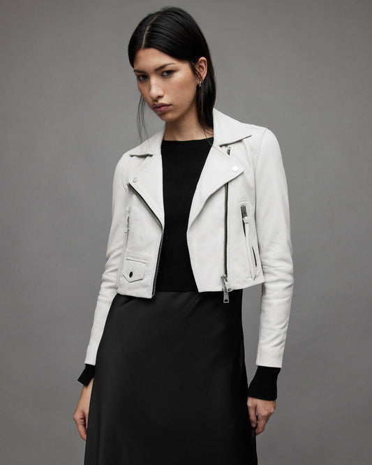 Women's Cropped Leather Biker Jacket In White