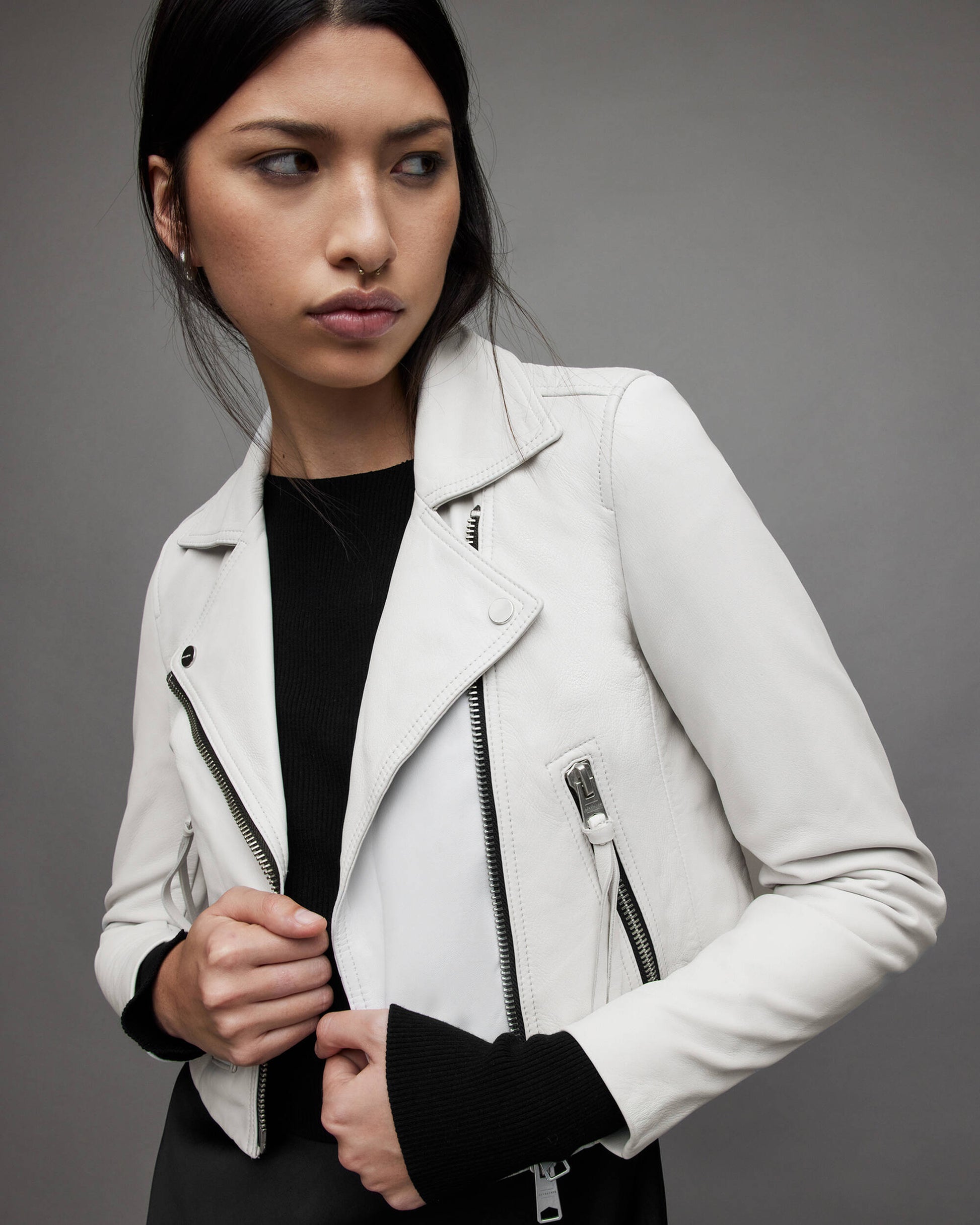 Women's Cropped Leather Biker Jacket In White