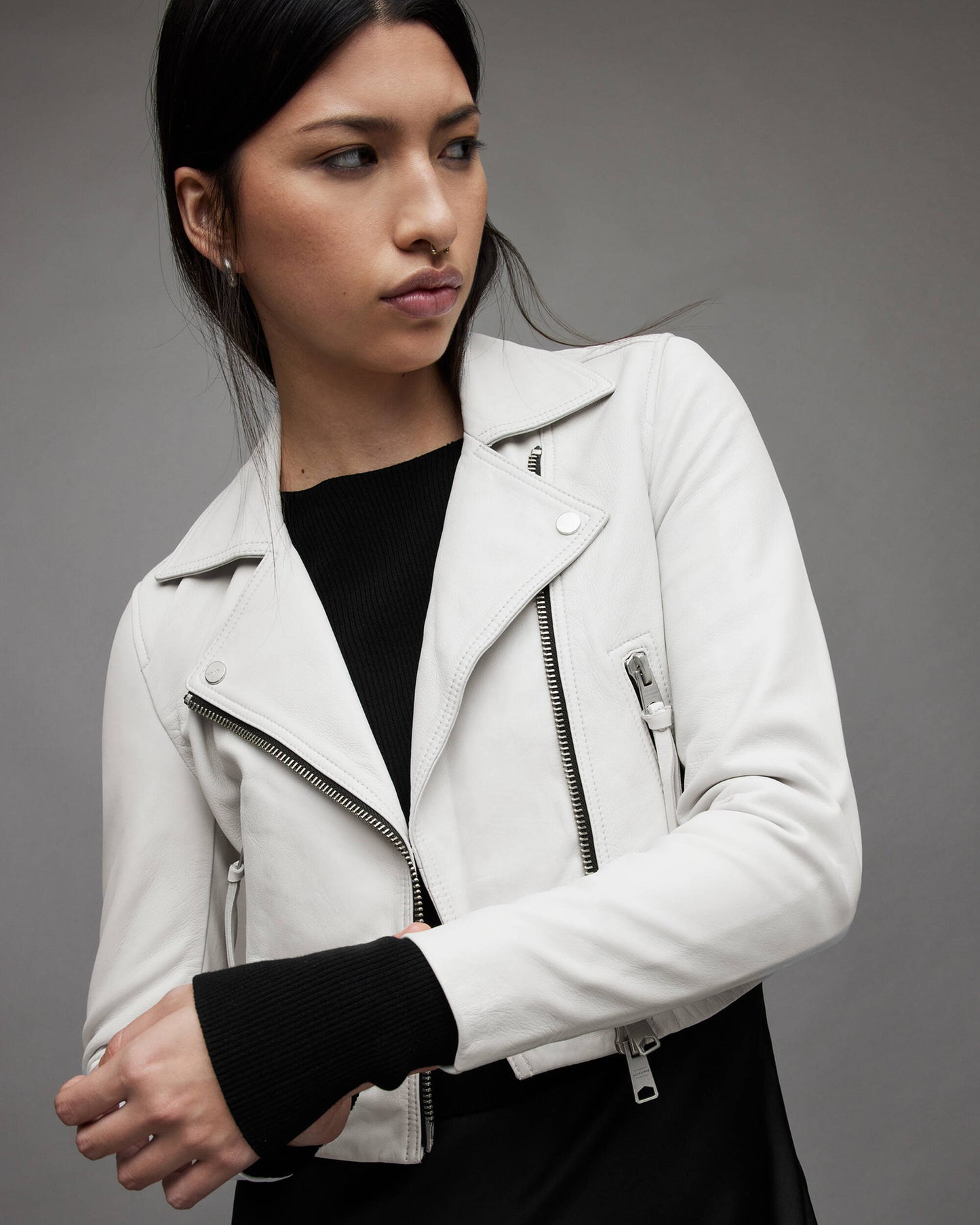 Women's Cropped Leather Biker Jacket In White