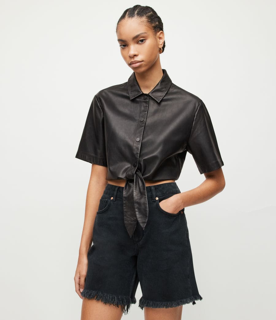 Women's Cropped Leather Shirt In Black