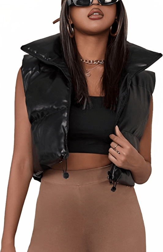 Women's Cropped Puffer Leather Vest In Black