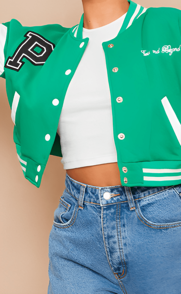 Women's Cropped Varsity Bomber Leather Jacket In Green