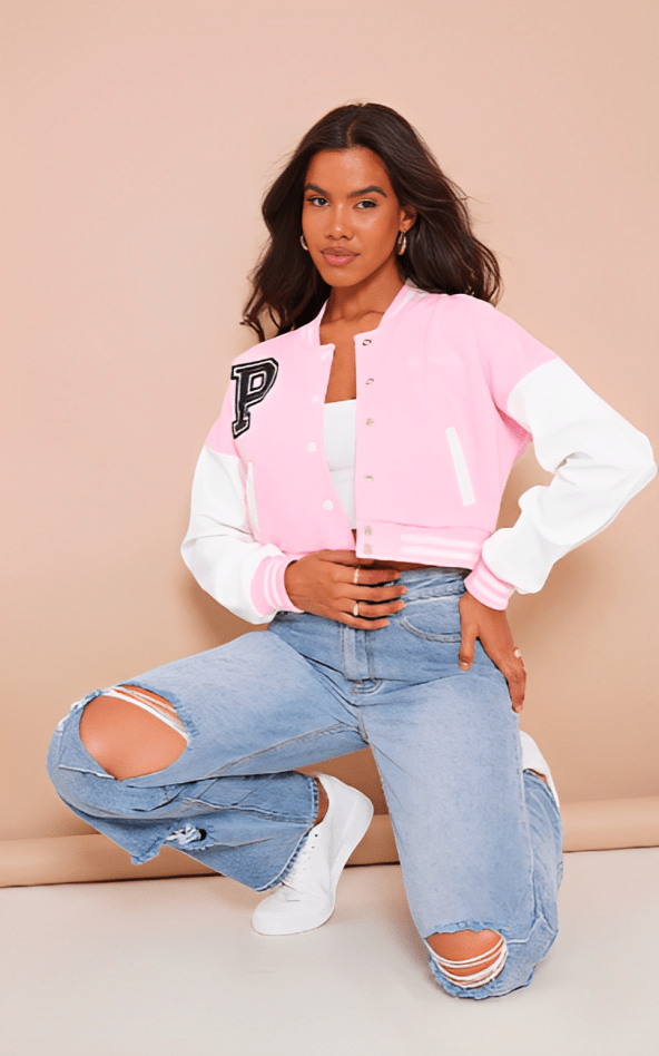 Women's Cropped Varsity Bomber Leather Jacket In Pink