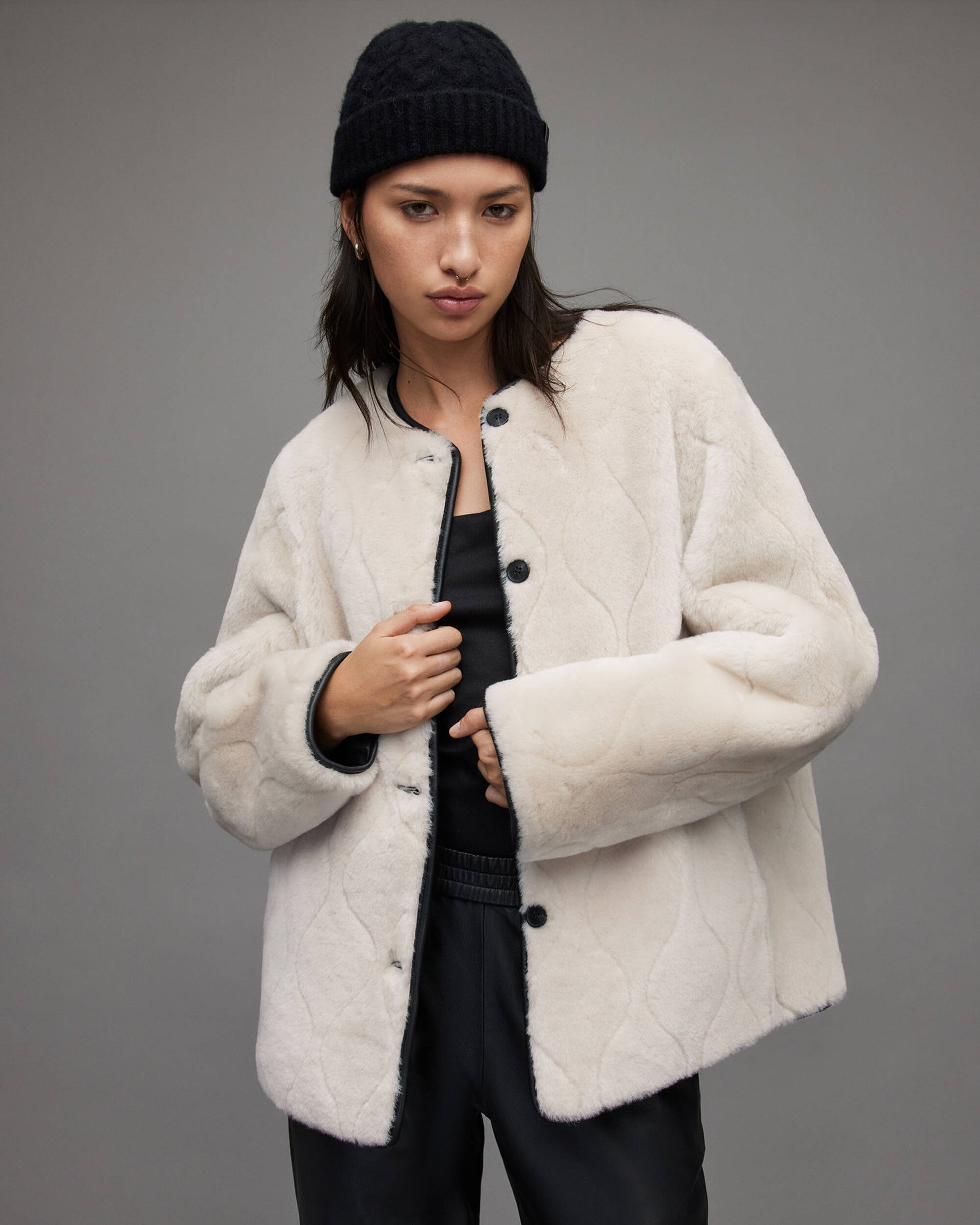 Women's Double Sided Black Leather & White Shearling Jacket