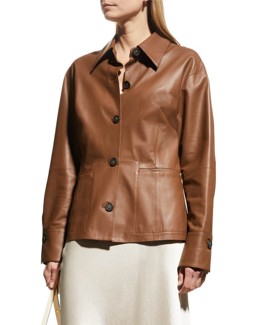 Women's Full Sleeve Leather Shirt In Dark Brown