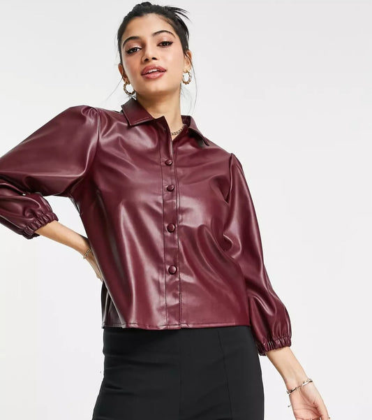 Women's Full Sleeve Leather Shirt In Maroon