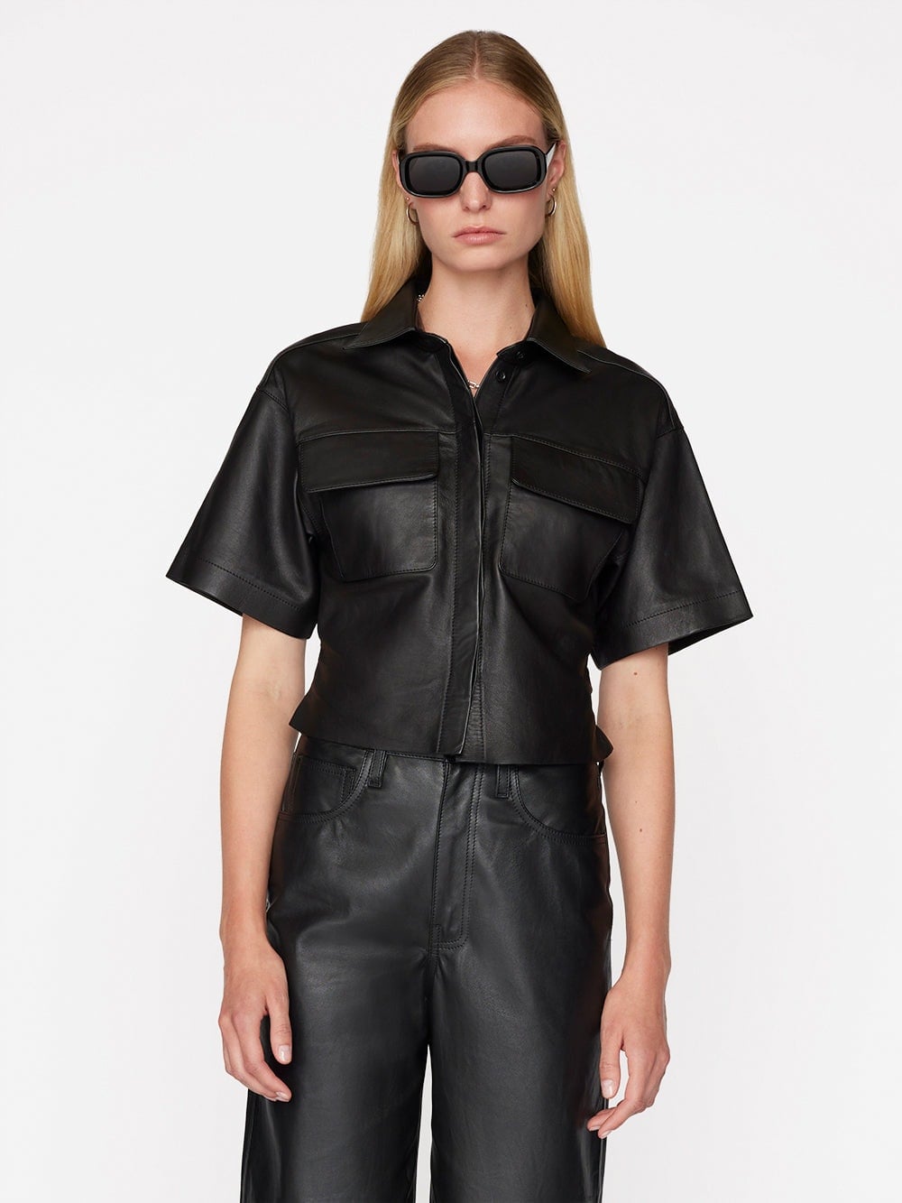 Women's Half Sleeve Leather Shirt In Black