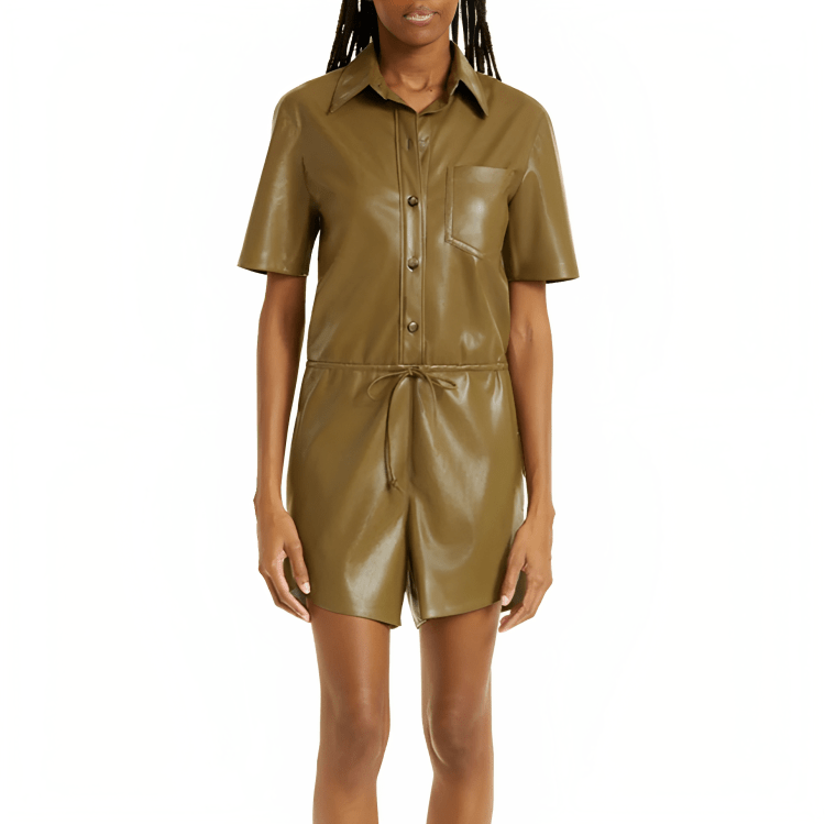 Women's Half Sleeves Leather Romper In Khaki