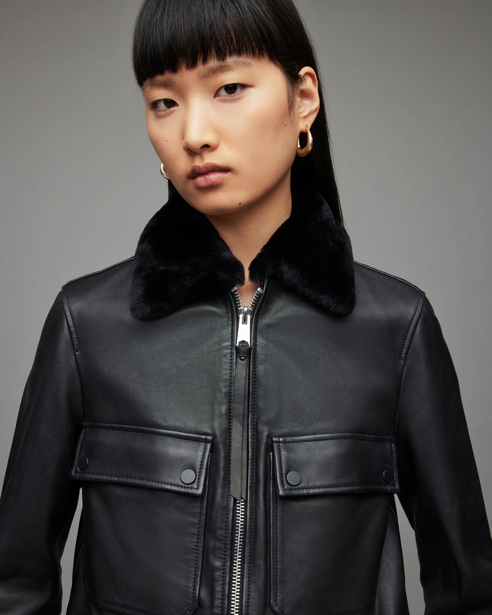 Women's Harrington Leather Jacket With Shearling Collar