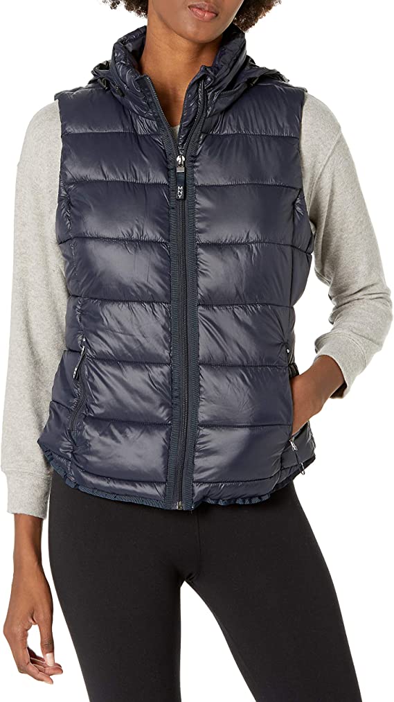 Women's Puffer Vest In Blue With Removable Hood