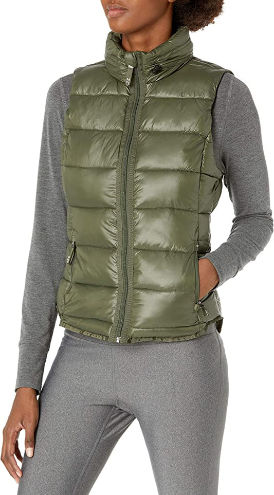 Women's Puffer Vest In Khaki With Removable Hood