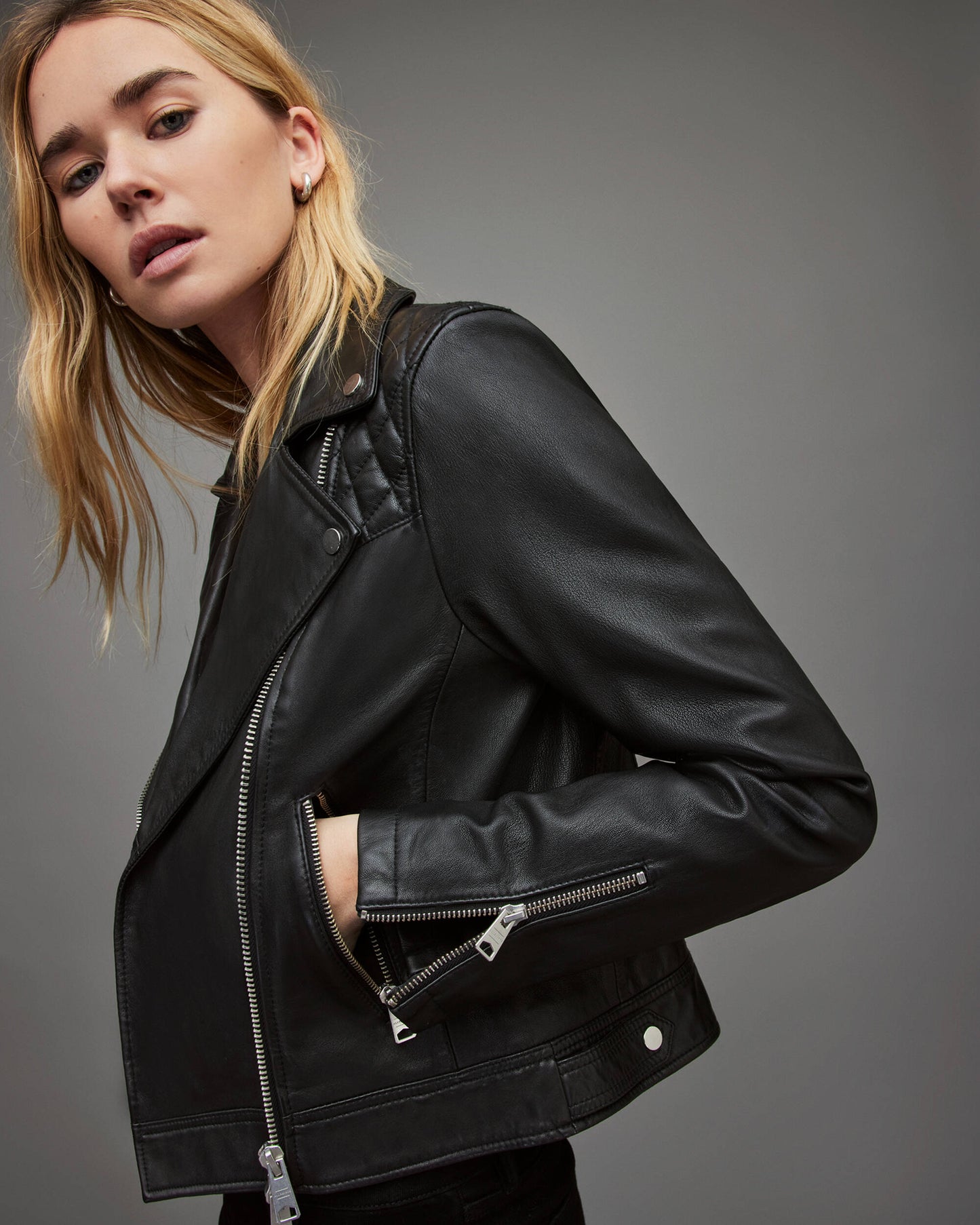 Women's Leather Biker Jacket In Black With Quilted Shoulder