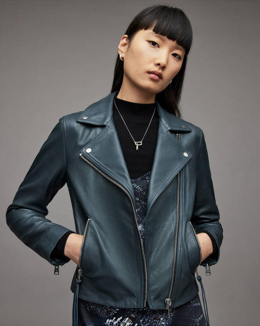 Women's Leather Biker Jacket In Blue