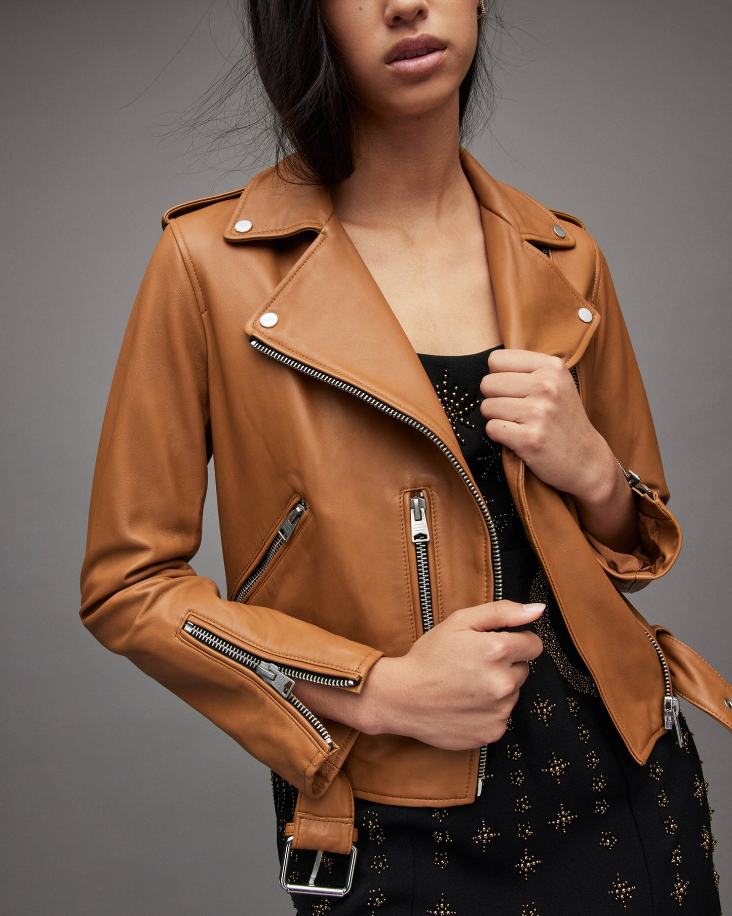 Women's Leather Biker Jacket In Tan Brown