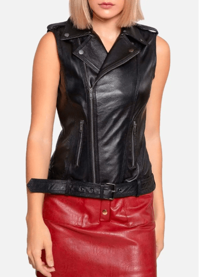 Women's Leather Biker Vest In Black With Belt