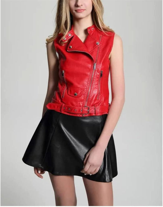 Arcane Fox - Women's Leather Biker Vest In Red