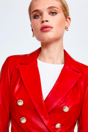 Women's Leather Blazer In Red With Golden Buttons