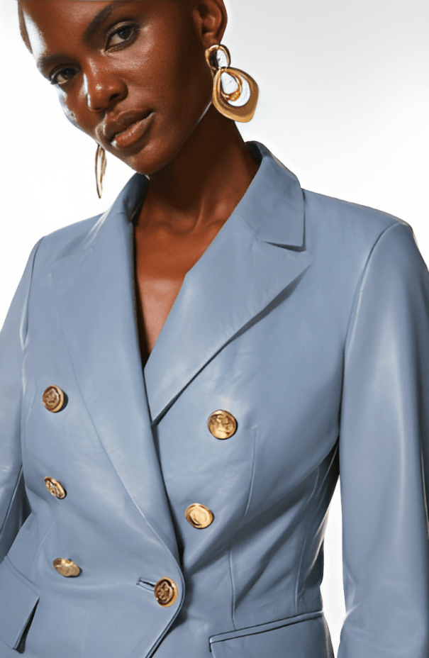 Women's Leather Blazer In Stone Blue With Golden Buttons