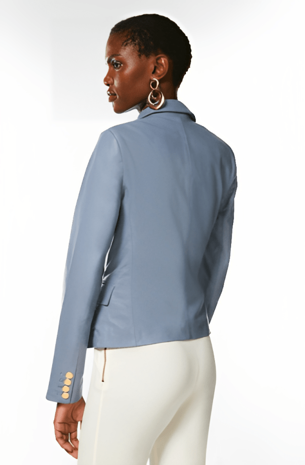 Women's Leather Blazer In Stone Blue With Golden Buttons