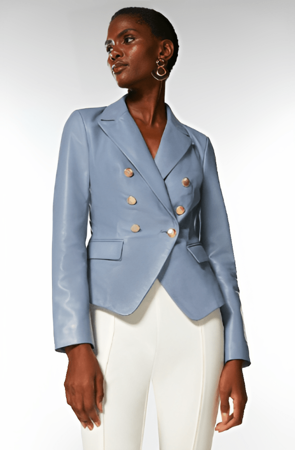 Women's Leather Blazer In Stone Blue With Golden Buttons