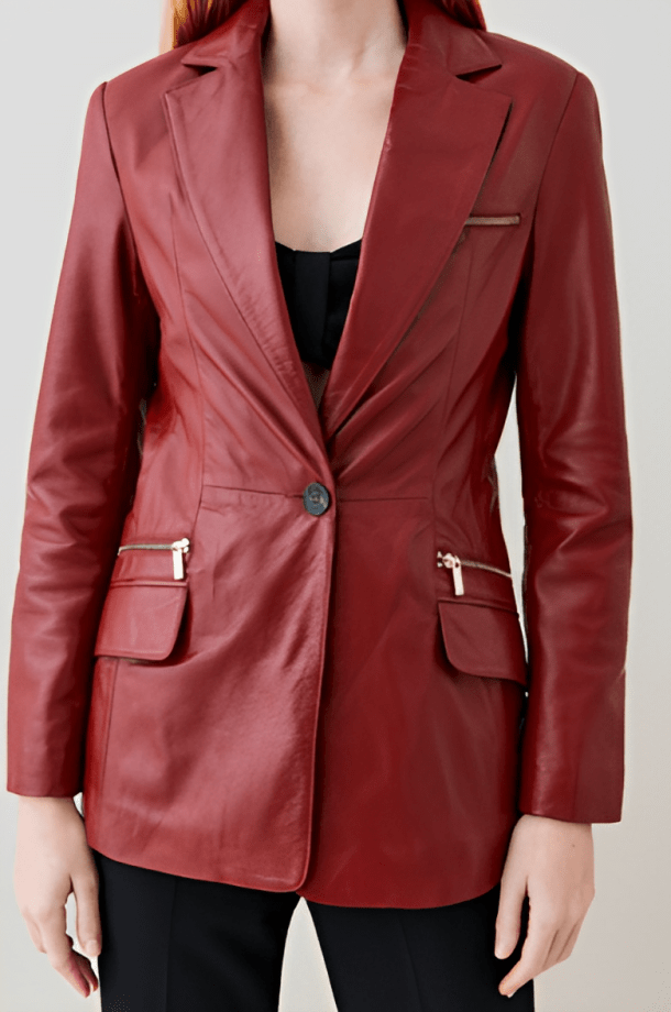 Women's Leather Blazer In Wine Red