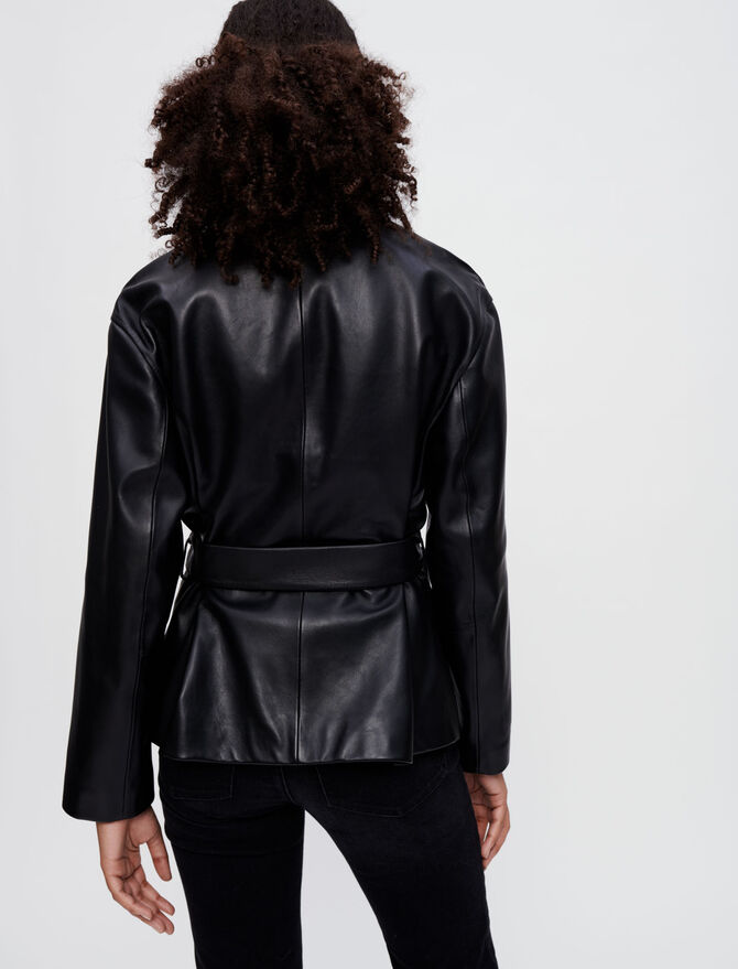 Women's Leather Jacket In Black With Belted Waist