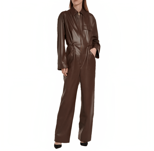 Women's Leather Jumpsuit In Chocolate Brown