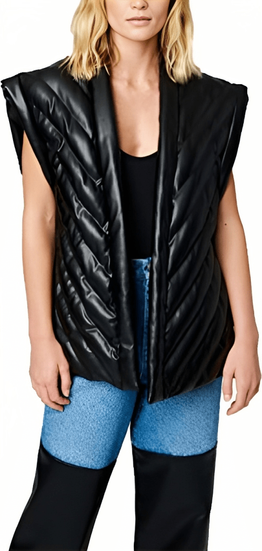 Women's Leather Puffer Vest In Black With Belt