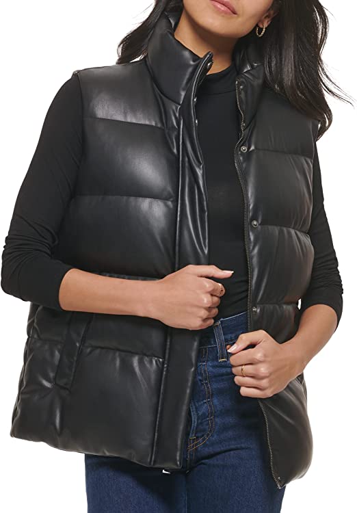 Women's Leather Puffer Vest In Black