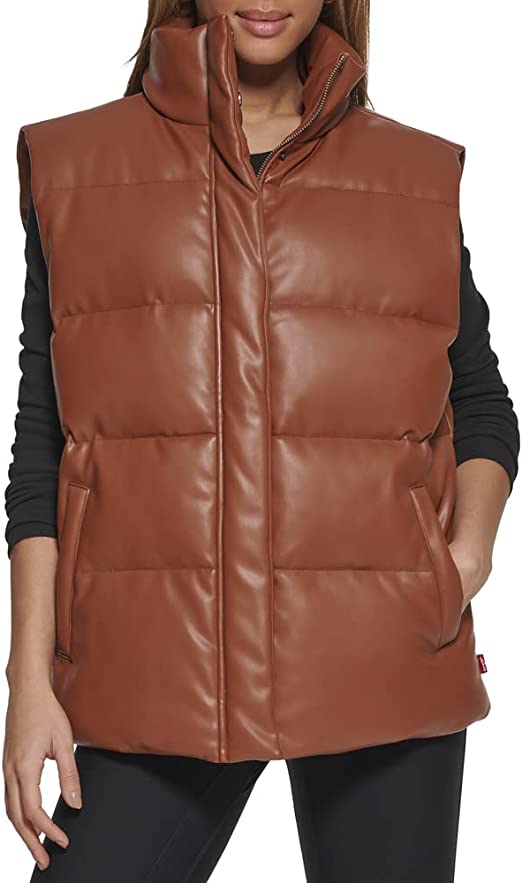 Women's Leather Puffer Vest In Chocolate Brown