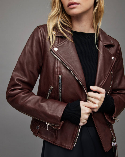 Women's Leather Biker Jacket In Maroon