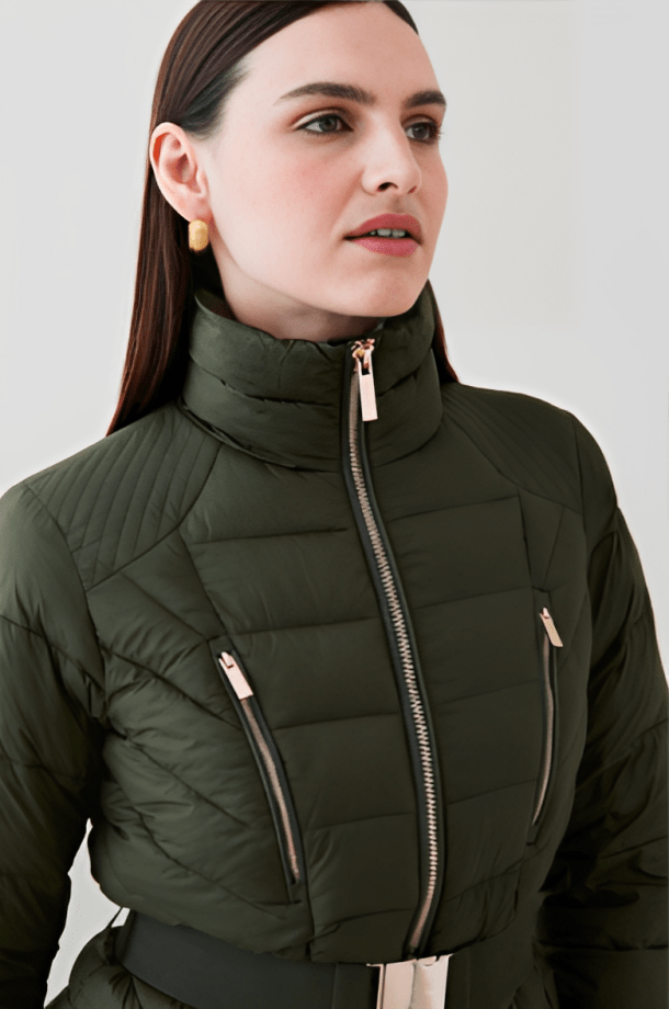 Women's Puffer Jacket In Khaki With Belt
