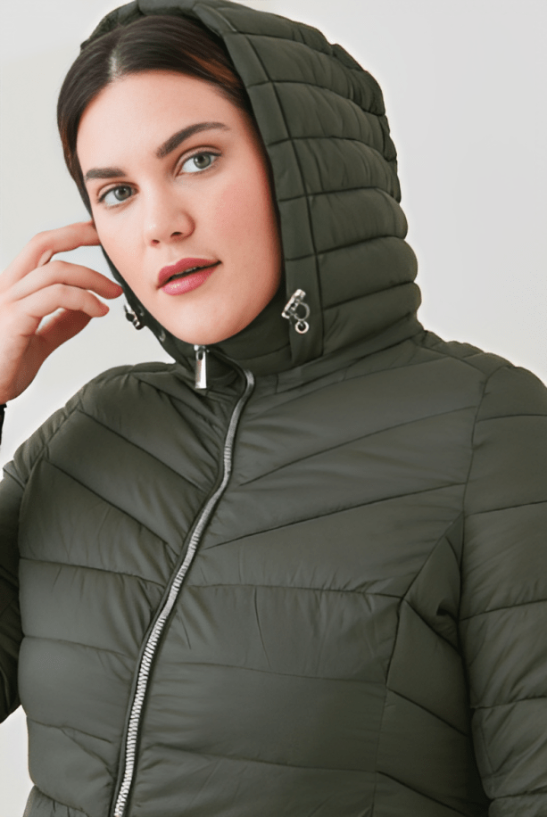 Women's Puffer Jacket In Khaki With Hood