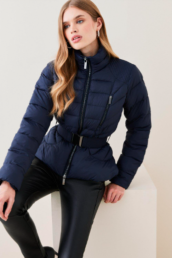 Women's Puffer Jacket In Navy Blue With Belt