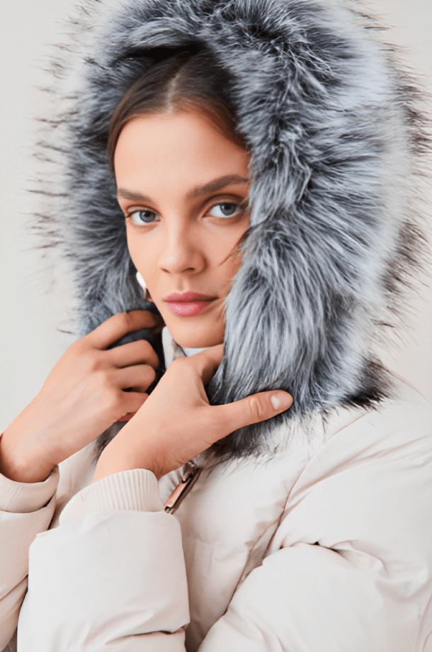 Women's Puffer Jacket In Beige With Fur Hood