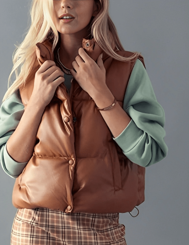Women's Puffer Leather Vest In Tan Brown