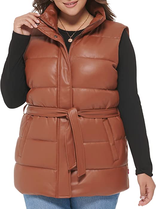 Women's Puffer Leather Vest In Chocolate Brown With Belt
