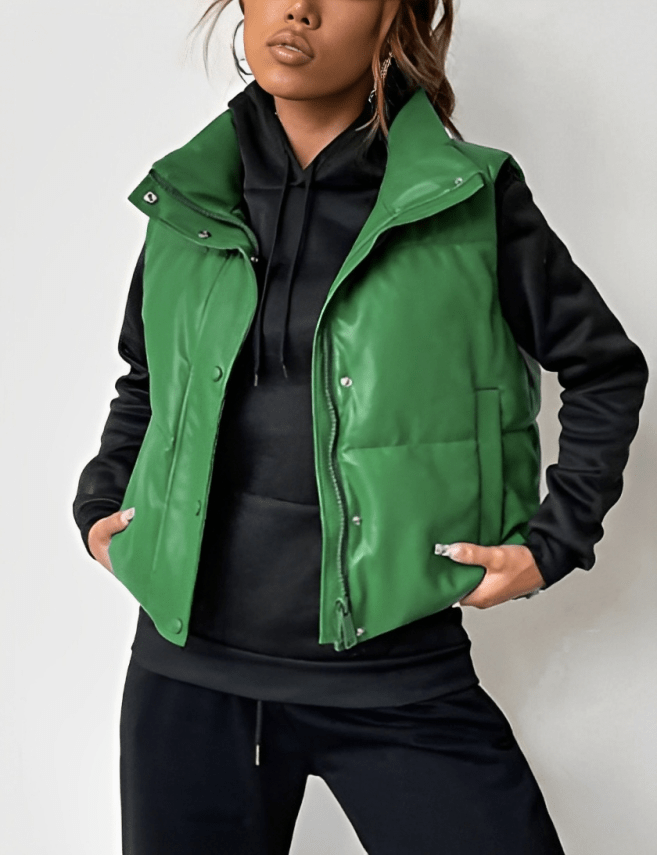 Women's Puffer Leather Vest In Green